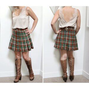 Vintage 80s Brown & Green Plaid Skirt 📚 High Waisted Dark Academia